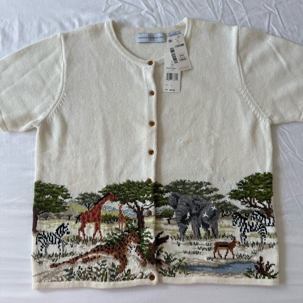 VTG NWT Marisa Christina Embroidered Cardigan Sweater Safari Animals Leopard L